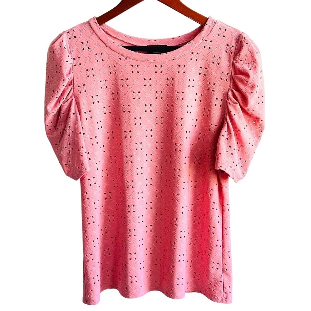 STITCH Short Puff Sleeve Top Pink Eyelet Jersey Women's Medium Round Neckline